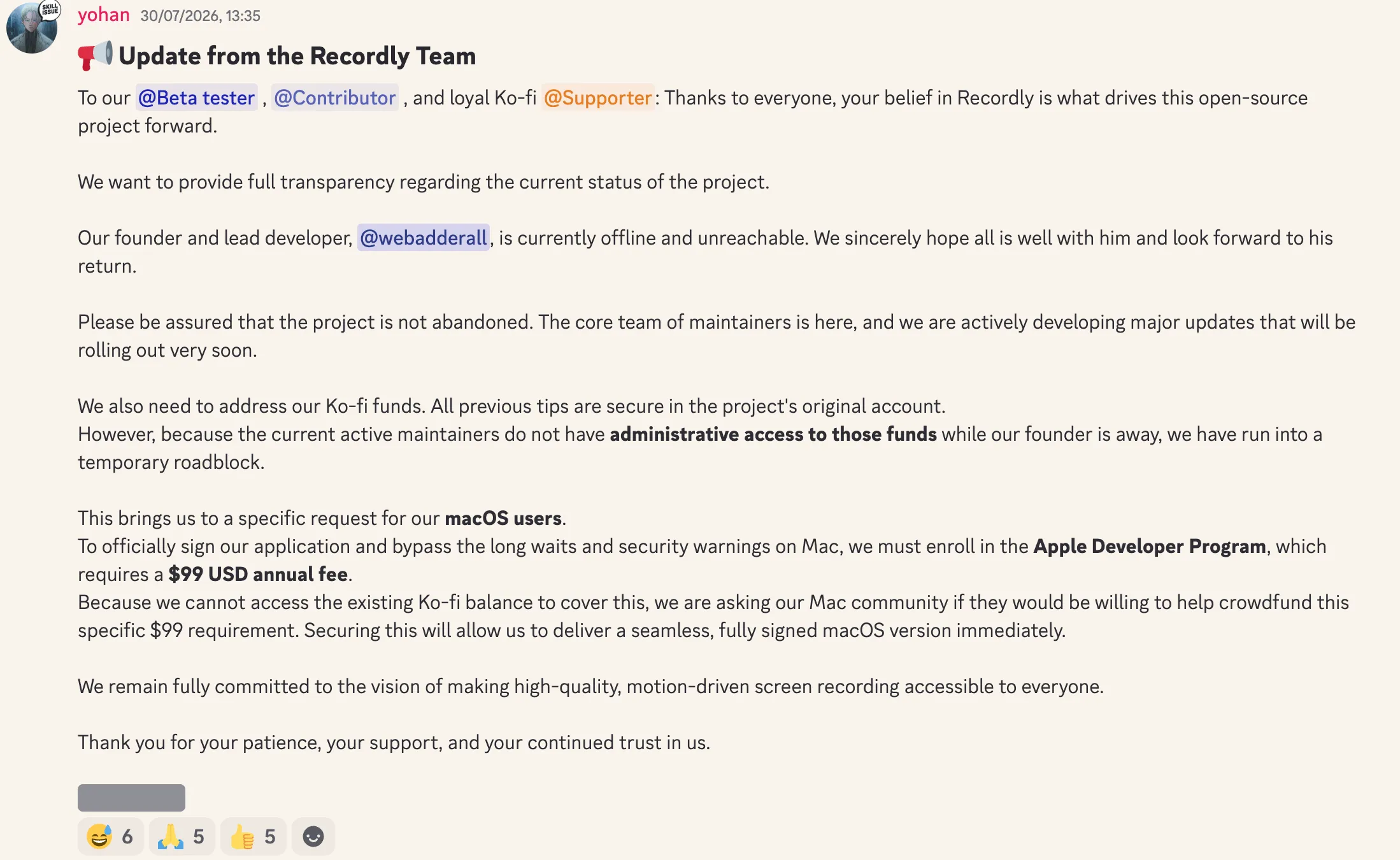 Official Discord announcement from Recordly maintainers confirming founder absence, locked Ko-fi donations, and crowdfunding for the $99 Apple developer fee