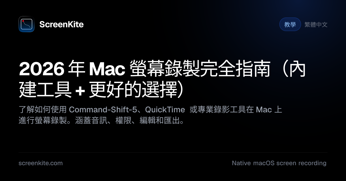 ScreenKite — 2026 年 Mac 螢幕錄製完全指南（內建工具 + 更好的選擇）