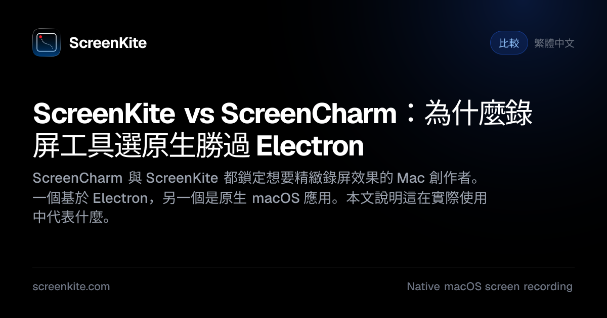 ScreenKite — ScreenKite vs ScreenCharm：原生 macOS 錄屏工具 vs Electron 替代品